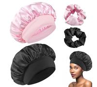 2 Pièces Satin Bonnet de Nuit avec Elastiques pour Protection Cheveux, Doux Bonnet Soie pour Sommeil, Rose + Noir