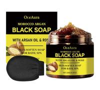 2 Pièces Savons Noirs Marocains et Gant Exfoliant,Savon Exfoliant pour le Corps au savon Noir,100% Organic Moroccan Black Soap,Gel Douche exfoliant pour Peau Douce,Deep Cleansing and Softening Skin