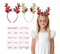 2 Pièces Serre Tete Noel Renne avec 10 Autocollants pour Visage, Bandeaux de Noël en Bois de Renne avec Paillettes, Serre-Tête Noel pour Femme Fille Enfant, pour Décoration de Noël, Or et Rouge