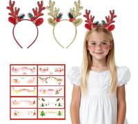 2 Pièces Serre Tete Noel Renne avec 10 Autocollants pour Visage, Bandeaux de Noël en Bois de Renne avec Paillettes, Serre-Tête Noel pour Femme Fille, pour Décoration de Noël, Or et Rouge