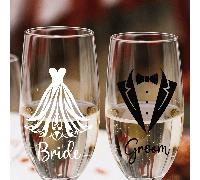 2 pièces/set Autocollants de décoration de flûte à champagne pour les jeunes mariés, costume élégant de mariée et marié, motif de robe de mariée, décoration pour mariage, fête, anniversaire, banquet d