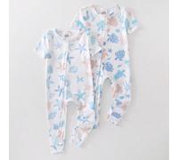 2 pièces/set Barboteuse à manches courtes pour bébé garçon avec thème océanique animal bleu, imprimé tortue, coquillage, étoile de mer, algue avec fermeture éclair 2Y,3Y,9-12M,12-18M,18-24MAnimal,Cart