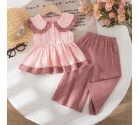 2 pièces/Set Bébé Fille 0-3 Ans Chemise Décontractée Quotidienne En Coton Lavé Col Oversize Sans Manches Et Ensemble Pantalon Jambe Large 2 pièces Set Bébé Filles Deux Pièces Set Bébé Fille Pantalon D