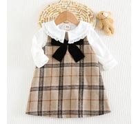 2 pièces/Set Bébé Fille Col Peter Pan Dentelle Garniture Cardigan Manches Longues Et Robe Sans Manches Col Rond Carreautée 6-9M,9-12M,12-18M,18-24M,2-3YCarreauTissu tricoté,Tissu tissé