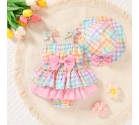 2 pièces/Set, Bébé Fille, Mode Décontractée Élégante Mignonne, Doux et Confortable, Robe Salopette à Volants Multi-Couches Décorée d'un Nœud à Carreaux avec Chapeau de Soleil, Vêtements Bébé Fille, Fo