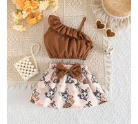 2 pièces/Set Bébé Fille Mode Mignon Couleur Unie Top Camisole à Une Épaule & Jupe Motif Fleur Nœud, Sortie Quotidienne d'Été & Vacances Nouveau Style 6-9M,9-12M,12-18M,18-24M,2-3YPlantesPolyester