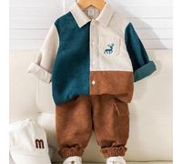 2 pièces/Set Bébé garçon Décontracté Mignon Noël Vert Motif Cerf blocs de couleurs Veste à Col en Velours Côtelé & Pantalon Cargo à Taille Élastique, Vêtements de Noël Unisexes pour Bébé, Vêtements d'