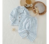 2 pièces/Set Bébé/Tout-petit Garçons Bleu et Blanc Motif à Carreaux Bouton en Bois Col Cardigan et Pantalon, Ensemble de Pyjama Confortable 6-9M,9-12M,12-18M,18-24M,2-3YÉtoffe