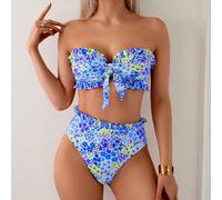 2 pièces/Set Bikini Bandeau Volant à Fleurs marguerite, Plage et Été L,M,S,XLImprimés aléatoiresÉtoffe