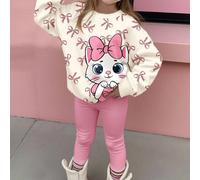 2 pièces/Set Blanc crème et rose, nœud léopard mignon, imprimé cœur de chat de dessin animé. Ensemble de Sweat-shirt-shirt ample et épais à col rond et leggings pour filles préadolescentes, confortabl