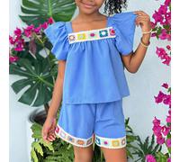 2 pièces/Set Blouse à rayures bleues avec patchwork et garniture au crochet faite main et short assorti pour jeunes filles, tenue décontractée pour printemps/été, vacances, été, voyage 8Y,9Y,10Y,11Y,1