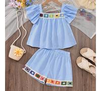 2 pièces/Set Blouse rayée bleue avec patchwork de garniture au crochet faite main et shorts assortis pour adolecent Girls, tenue décontractée printanière/estivale, vacances, été, voyage 8Y,9Y,10Y,11Y,