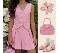 2 pièces/Set Blouse sans manches et Gilet assortis à une Jupe Plissée avec Nœud Papillon, Tenue Décontractée pour Aller au Travail, Retour à l'École, Vacances, Convient pour Sortie, Retour à l'École,