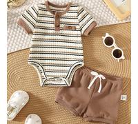 2 pièces/Set Body bébé garçon et fille décontracté mignon à rayures, tricot ample avec col rond T-shirt et short à taille élastique, convient pour le printemps et l'été, pour l'intérieur/extérieur 6-9