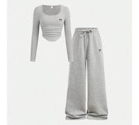 2 pièces/Set Body côtelé à broderie New York texte noir et pantalon décontracté rétro lavé à l'acide pour adolescentes, printemps/été 14Y,13Y,16Y,15YgraphiquePolyester,Tissu tricoté