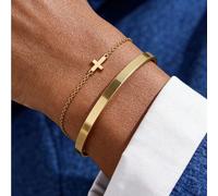 2 pièces/set Bracelet pendentif croix en acier inoxydable plaqué or 18 carats et ensemble de jonc en forme de C. Minimaliste polyvalent convenant pour le port quotidien, les sports, les sorties et les