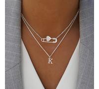 2 pièces/set Broche pendentif à la mode en forme de lettre et de cœur, chaîne multicouche en acier inoxydable, pour femmes L,M,S,H,A,T,O,B,C,D,E,F,G,I,J,K,N,P,R,V,W,Y,ZAcier inoxydable