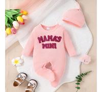 2 pièces Set, Casual, Élégant, Doux, Mignon, Barboteuse d'automne/hiver pour bébé fille, Douce et confortable, Broderie de slogan avec lettres floquées, Tricotée, Col ras-du-cou côtelé Barboteuse et c