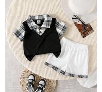2 pièces/set Chemise à col de gentleman style garçon/fille bébé et short à carreaux patchwork, manches courtes, tissu décontracté, doux et confortable, convient pour les vacances, les voyages, l'école