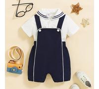 2 pièces/Set Chemise à col marin à manches courtes pour bébé garçon et short salopette bleu marine, tenue de gentleman de style marin, appropriée pour les fêtes d'anniversaire, soirées, représentation