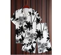 2 pièces/set Chemise à col polo à manches courtes décontractée à motif et short pour homme, style hawaïen pour l'été L,M,S,XL,XXLTropical,PlantesTissu tissé