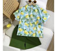 2 pièces/Set Chemise à manches courtes avec col et boutons imprimée citron et palmier, et short vert unicolore (imprimé citron, style hawaïen, chemise et short), vacances/plage/décontracté 6Y,7Y,4Y,5Y