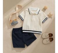 2 pièces/Set Chemise à manches courtes blanche style français et short bleu marine pour bébé garçon, convient pour le printemps/été, les vacances, l'école et autres occasions 9-12M,12-18M,18-24M,2-3YB