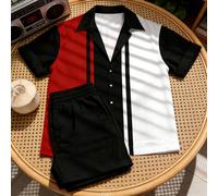 2 pièces/Set Chemise à manches courtes boutonnée avec imprimé 3D à rayures et patchwork et short pour hommes grande taille, tenue d'été décontractée, convient pour les rendez-vous, la plage, les vacan