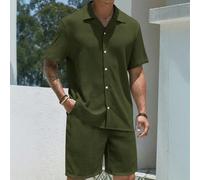 2 pièces/Set Chemise à manches courtes décontractée ample et pantalon en jacquard mode, tenue légère polyvalente pour vacances à la plage, convient comme cadeau pour mari/petit-ami L,M,S,XL,XXLUnicolo