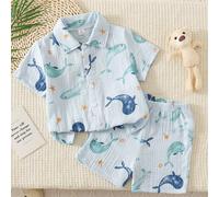 2 pièces/Set Chemise à manches courtes et short imprimé dauphin décontracté pour garçons, style île, tenue de plage pour w nd, tenue élégante convenant aux sorties, vacances, photos, nouvelle mode