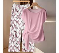 2 pièces/set Chemise femme décontractée avec nœud papillon rose et pantalon droit ample à imprimé géométrique, convient pour le début du printemps L,M,S,XL,XS,XXL,XXS,XXXL,XXXXLTissu tissé