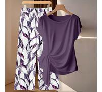 2 pièces/set Chemise femme décontractée avec nœud papillon violet et pantalon droit ample à imprimé géométrique, convient pour le début de l'automne, le printemps et l'été L,M,S,XL,XS,XXL,XXS,XXXL,XXX