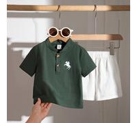 2 pièces/Set Chemise polo rose manche courte mode et mignonne pour tout-petits garçons & Short blanc avec ceinture, Tenues de vêtements de printemps/été pour bébé garçon 6-9M,9-12M,12-18M,18-24M,2-3YA