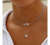 2 pièces/Set Collier à chaîne superposée avec pendentif initial en forme de trombone classique et lèvres, en acier inoxydable argenté, pour femmes L,M,S,H,A,T,O,B,C,D,E,F,G,I,J,K,N,P,R,V,W,Y,ZAcier in
