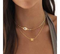 2 pièces/Set Collier à plusieurs couches avec pendentif lettre geste de la main et de l'œil classique, chaîne à lèvres en acier inoxydable doré pour femmes L,M,S,H,A,T,O,B,C,D,E,F,G,I,J,K,N,P,R,V,W,Y,
