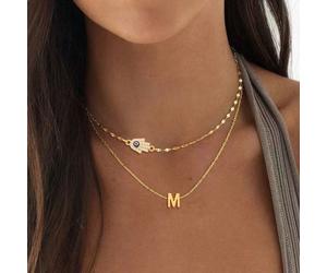 2 pièces/Set Collier à plusieurs couches avec pendentif lettre geste de la main et de l'œil classique, chaîne à lèvres en acier inoxydable doré pour femmes L,M,S,H,A,T,O,B,C,D,E,F,G,I,J,K,N,P,R,V,W,Y,