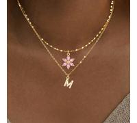 2 pièces/Set Collier chaîne à lèvres en acier inoxydable doré avec pendentif fleur rose et initiale, style minimaliste mode pour femmes L,M,S,H,A,T,O,B,C,D,E,F,G,I,J,K,N,P,R,V,W,Y,ZAcier inoxydable