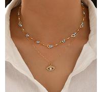 2 pièces/set Collier pendentif chaîne de style bohème mode polyvalent œil de diable strass, bijoux ton or convenant pour le port quotidien, les vacances d'été, les fêtes, les festivals de musique orAl