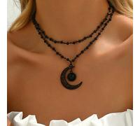 2 pièces/set Collier pendentif lune gothique vintage - Chaîne à perles de cristal noir foncé, pendentif croissant. Bijoux pour Halloween, style vampire, hip hop, hippie. Accessoire de mode unique et s