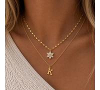 2 pièces/Set Collier pendentif minimaliste en acier inoxydable avec lettre & fleur, collier ras-du-cou en forme de lèvres à chaîne superposée pour femmes L,M,S,H,A,T,O,X,B,C,D,E,F,G,I,J,K,N,P,Q,R,U,V,
