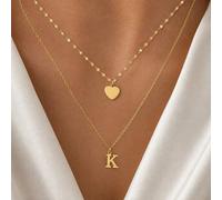 2 pièces/set Colliers ras-du-cou superposés classiques et simples avec pendentif cœur à initiale, chaîne en acier inoxydable doré pour femmes L,M,S,H,A,T,O,B,C,D,E,F,G,I,J,K,N,P,R,V,W,Y,ZAcier inoxyda