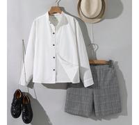 2 pièces/Set Combo décontracté pour garçon préadolescent Chemise à manches longues avec col et shorts à carreaux 2 pièces Tenue de gentleman 7Y,8Y,9Y,10Y,11Y,12Y,13YRayéPolyester