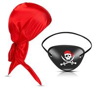 2 Pièces Set d'Accessoires de Costume de Capitaine Pirate Cache-Oeil de Pirate Turban de Pirate Rouge Chapeau à Longue Queue Durag Casquette de Pirate Soyeuse pour Fête Halloween Cosplay
