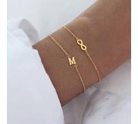 2 pièces Set de bracelets superposés en acier inoxydable doré avec lettre minimaliste et symbole infini, pour femmes L,M,S,H,A,T,O,B,C,D,E,F,G,I,J,K,N,P,R,V,W,Y,ZAcier inoxydable