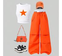 2 pièces/Set Débardeur à cordon avec imprimé étoile orange & Pantalon cargo bloc de couleur, Rouge et Blanc, Été, Style Cowboy, Tenue décontractée pour l'école pour les filles préadolescentes 7Y,8Y,9Y