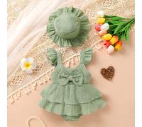 2 pièces/set Élégante et mignonne robe body pour bébé fille avec décoration de nœud doux, respirant et confortable, robe body à volants superposés de couleur unie & chapeau de soleil, convient pour un