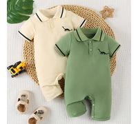 2 pièces/Set Ensemble barboteuse à manches courtes avec col polo et imprimé dinosaure pour bébés garçons, été 6-9M,9-12M,12-18M,1-3M,3-6MPolyester,Tricot côtelé
