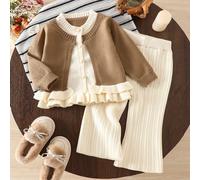 2 pièces/set Ensemble cardigan et pantalon ample deux tons avec design d'ourlet mignon pour filles, tenue décontractée pour l'automne/l'hiver 4Y,5Y,12-18M,18-24M,2-3YPlantesTricots