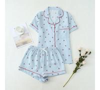 2 pièces/Set Ensemble de pyjamas femme imprimé cerises douces, Top à col châle et manches courtes avec boutons, short avec nœud, ensemble décontracté d'été pour la maison et la détente, 2 pièces, bleu