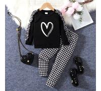 2 pièces/set Ensemble de Top Pull Col Rond Manches Longues avec Volants et Imprimé Cœur Bicolore & Pantalon Droit Imprimé Intégral pour Jeune Fille, Mode Décontractée, Sorties du W nd, Tenue Scola